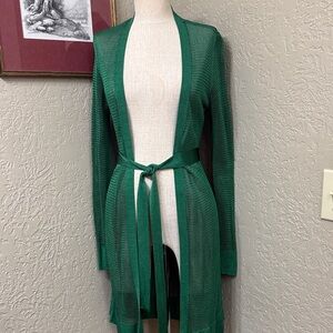 White House Black Market Sheer Green Knit Belted Cardigan Small